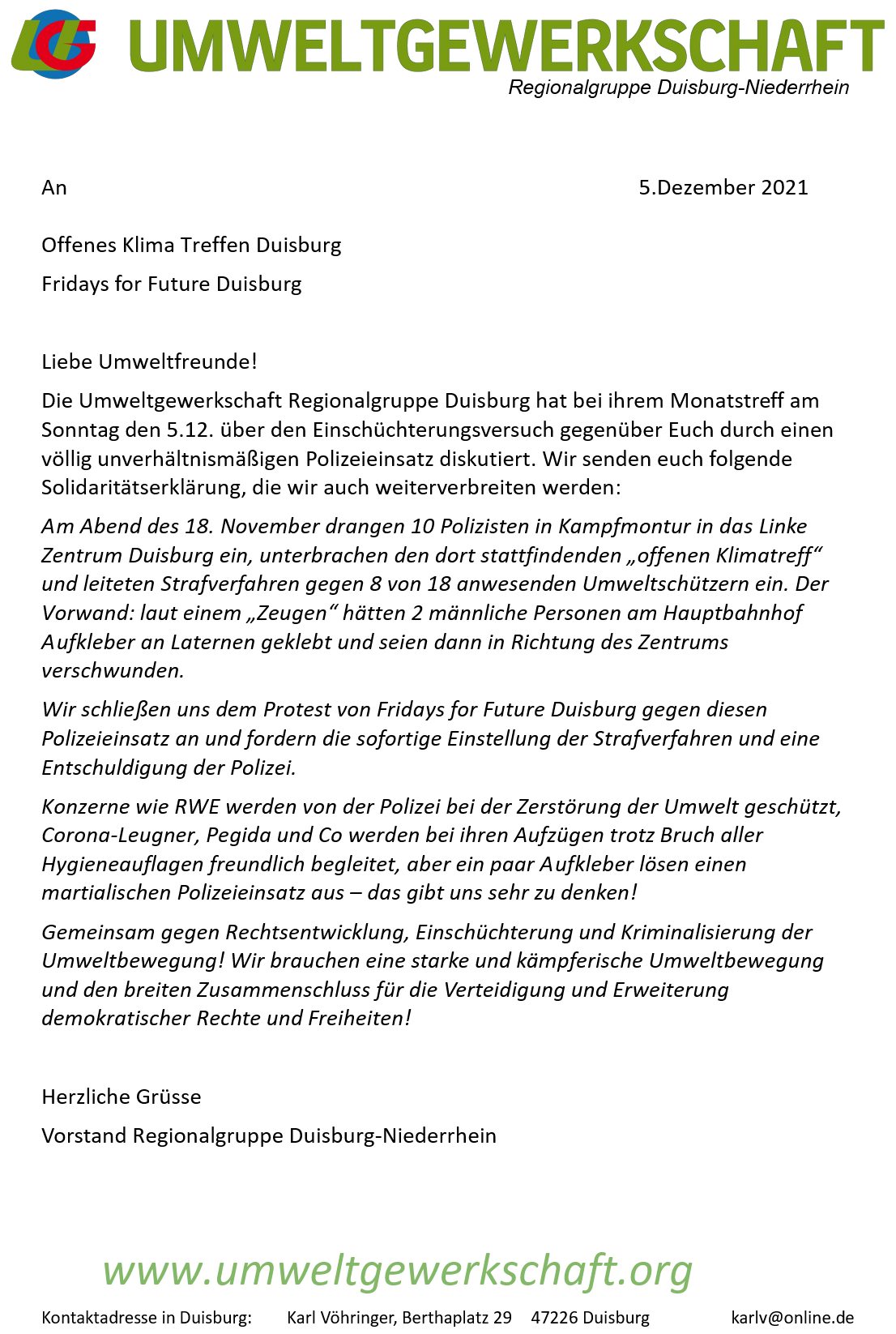 211205 Solierklärung an Offenes Klima Treffen