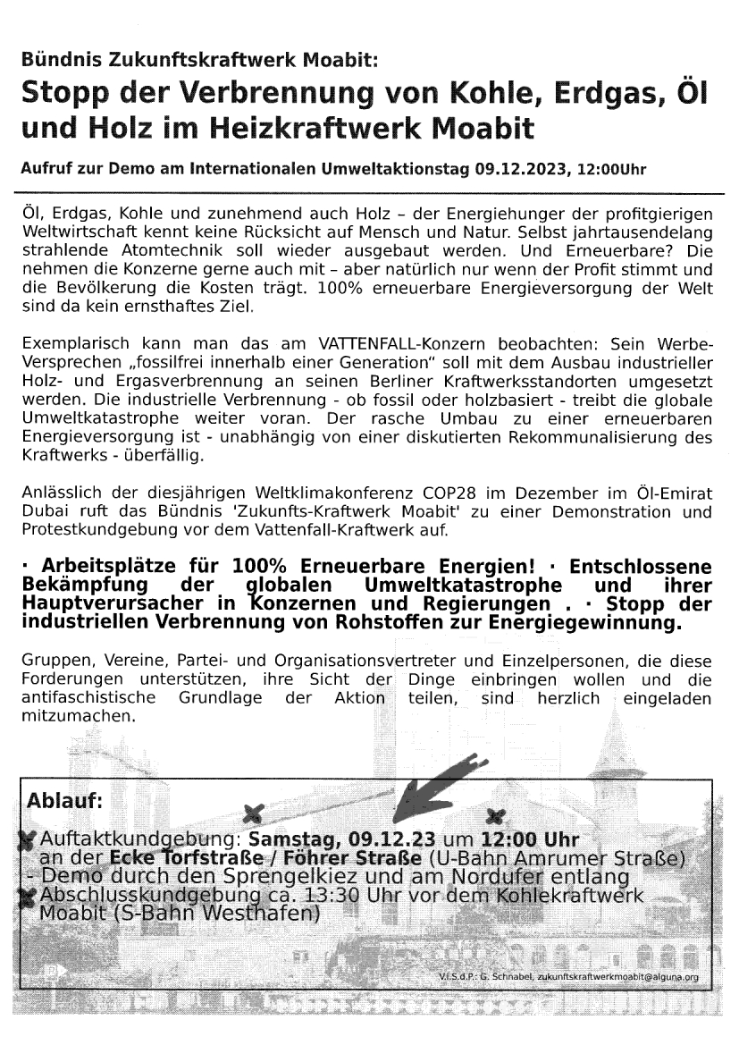 EINLADUNG DemoKundgebung Kohlekraftwerk Moabit 9.12.23