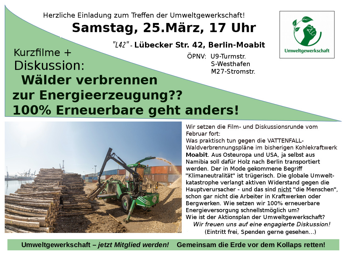 UG Flyer FilmDiskussion VATTENFALL Waldverbrennungspläne